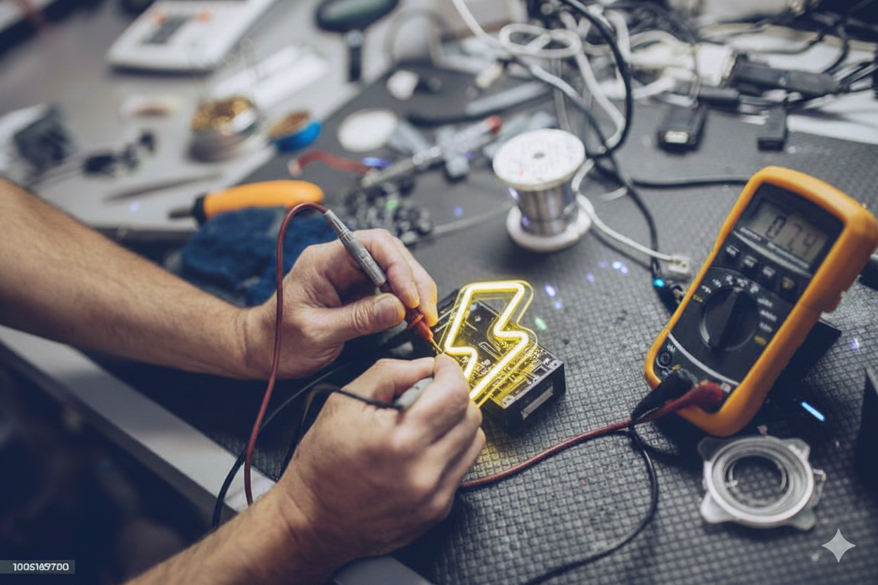 Person soldering a circuit board with focus
